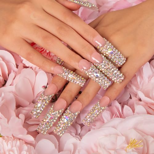 LOVFUL Press on Nails Angel's Tear Rhinestone | Handmade with Full Covered Crystals | Reusable Fake Nails | Square Mid length 1.7in | H48-M