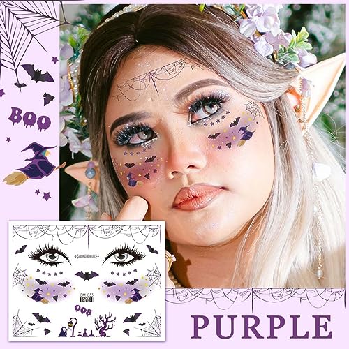 Uranian Halloween Temporary Tattoos Face Freckle Makeup Tattoos Cobweb Spider Bat Ghost Tattoo Stickers Cute Face Makeup Decals Halloween Fake Tattoos for Women