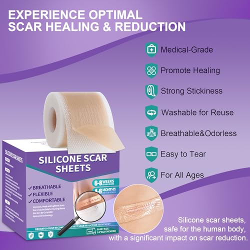 Silicone Scar Sheets, Medical Grade Silicone Scar Tape (1.6" x 60"), Professional Scar Removal Treatment, Reusable, for Healing Keloids, Surgeries Scars, C-sections, and Burns