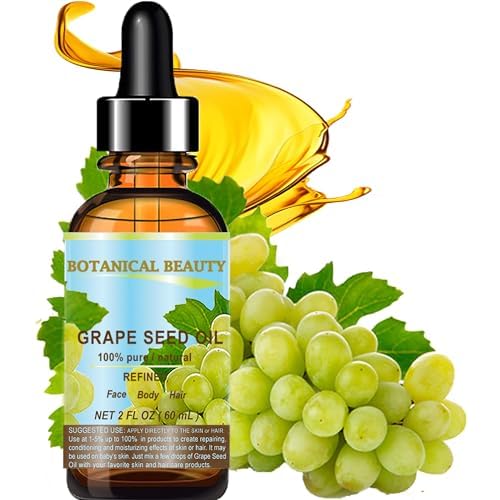 Botanical Beauty GRAPE SEED OIL 100% Pure Natural Undiluted Refined Cold Pressed Carrier Oil for Face, Skin, Body, Hair, Massage, Lip, Nails (2 Fl Oz 60 ml)