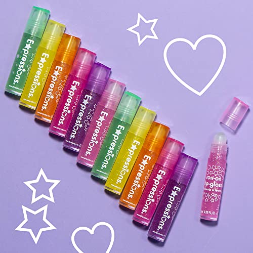 EXPRESSIONS 12pc Roll On Gloss Set Maribou Handle Carrying Case - Makeup Kids Teens Assorted Fruity Flavors Non Toxic Friendly Supplies