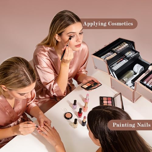 FRENESSA Makeup Train Case Makeup Case Travel Cosmetic Box Organizer Portable Make Up Box with Dividers Lockable for Artist Nail Sewing Vanity Storage Makeup Travel Case Rose Gold