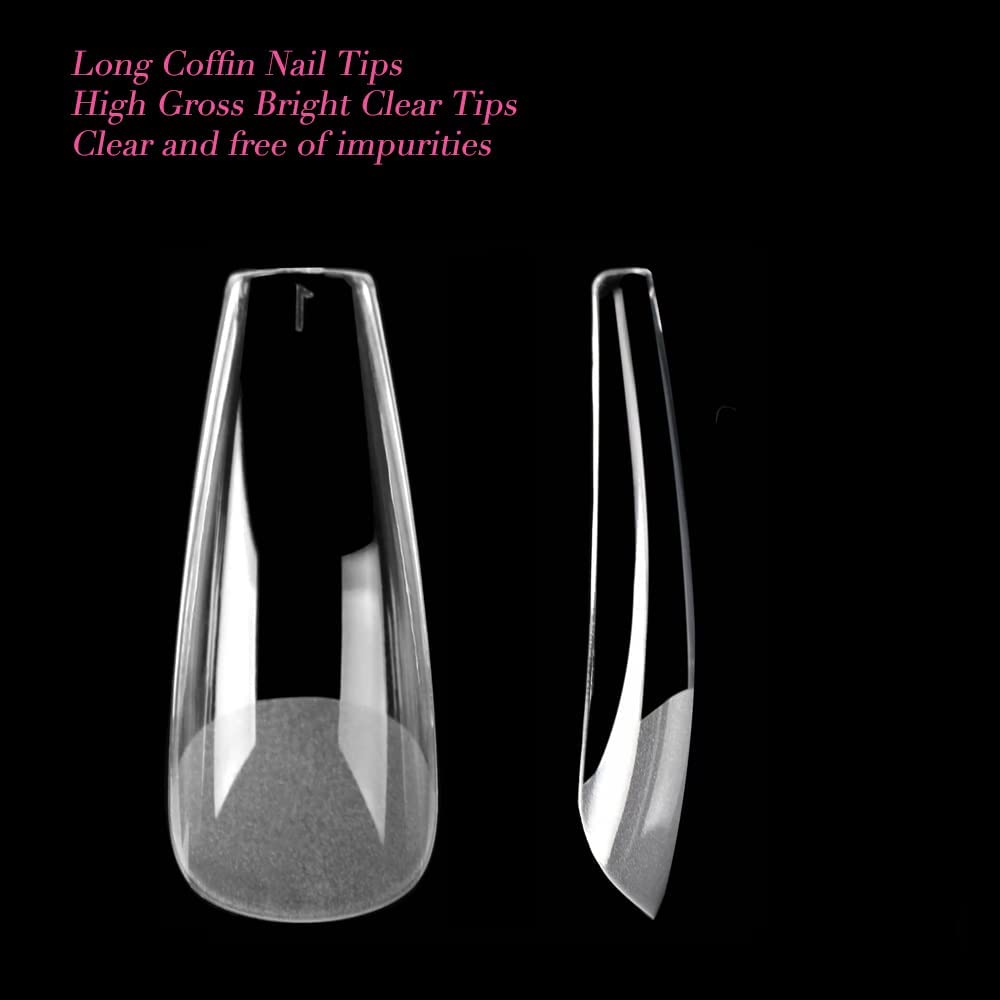 UNA GELLA Long Coffin Fake Nails Long 504pcs Pre-Shape Coffin Gel Nail Tips Coffin Nails Tips Clear Long Coffin Tips Coffin Press On Nails Full Cover Coffin Nails Tips Home DIY 12 Sizes Gelly Tips