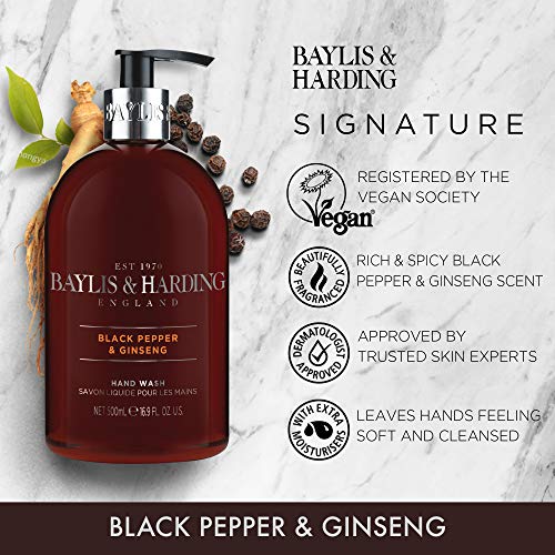 Baylis & Harding Liquid Hand Soap Wash with Dispenser, Black Pepper & Ginseng for Men, 16.9oz/500ml