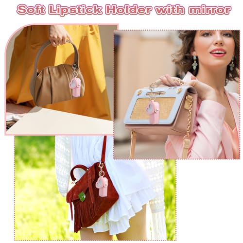 5 PACK Lipstick Holder Keychain with Mirror, PU Leather Portable Lipsticks Holder Soft Leather Portable Lipstick Pouch with Metal Key Ring for Travel Party Gift Valentine's Day for Women