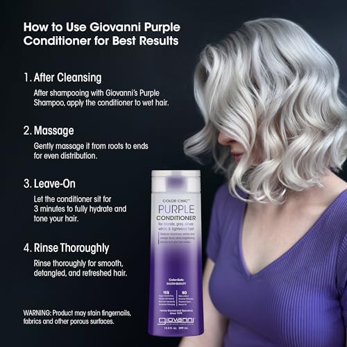 GIOVANNI Color Chic Purple Conditioner for Blonde, Gray, Silver, White, & Bleached Hair - Reduces Brass, Yellow, & Orange Tones, Adds Shine, Vegan, Cruelty Free - 13.5 fl oz