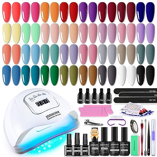 JODSONE Gel Nail Polish Kit with U V Light 32 Colors Gel Polish Nail Kit 4 Bottles of 15ML Nail Dehydrator Nail Primer Base Coat Top Coat Glossy Surface Quick Drying Durable