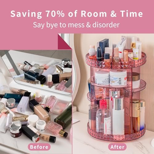 V-HANVER 360 Rotating Makeup Organizer Perfume Organizer Pink Cosmetic Storage Display Case Large Capacity Acrylic Beauty Holder Adjustable Partition Height for Bedroom Dresser or Bathroom Vanity