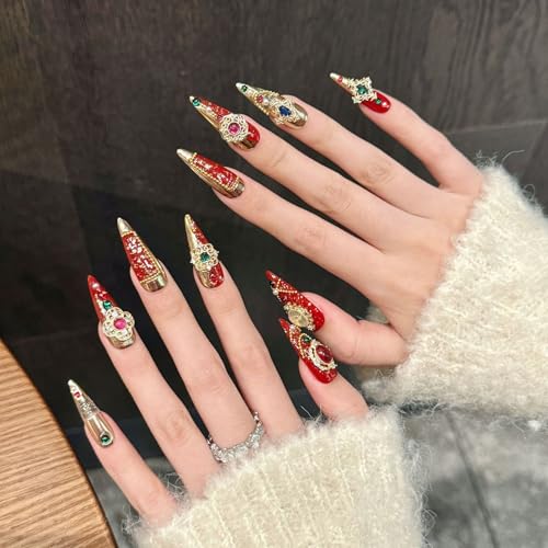 Imperial Bridal Press On Nails Long Stiletto,Phoenix Vermeil Ruby Filigree Designs Glue on Nails,Heirloom Cameo False Nails 10Pcs with Tools Kit,Reusable Wedding Fake Nails for Bride Matron(L)