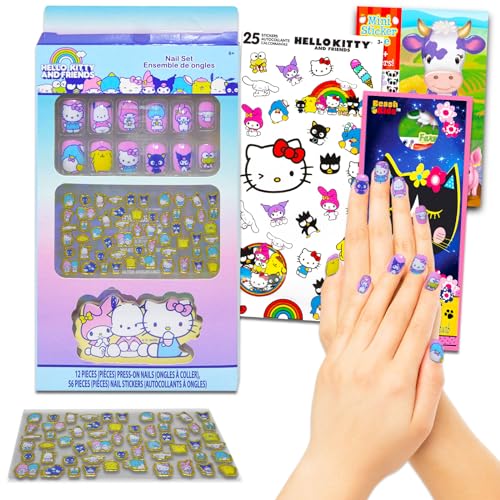 Hello Kitty Press-On Nails for Kids - Bundle with 12 Kitty Stick-On Nails Plus Nail Art Stickers, More