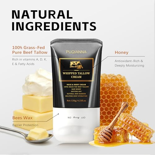 Beef Tallow for Skin Neck Firming Cream, Whipped Grass-Fed Tallow with Raw Honey, Organic Face Body Moisturizer for Dry Skin, Soothe Lift Nourish