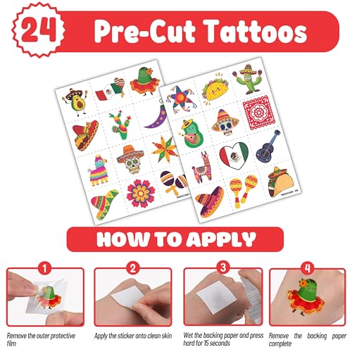 48PCS Cinco de Mayo Party Favor Set - 24PCS Temporary Pre - cut Tattoos & 24PCS Slap Bracelets - Mexican Fiesta Birthday Supplies, Baby Shower Gifts, Classroom Rewards & Party Decor for Kids