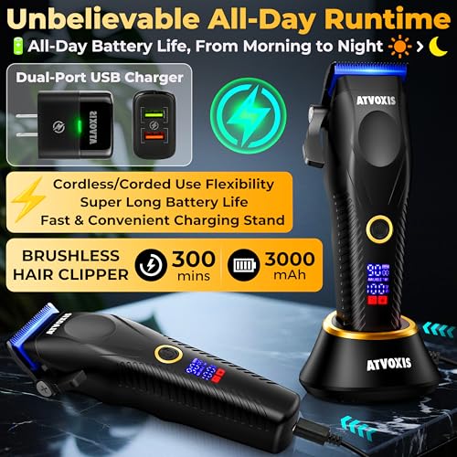 Metal Body 9000 RPM Brushless Motor Professional Hair Clippers for Men: Cordless Barber Clipper with DLC Blades LED Display Fast Charging Stand Travel Pouch Maquina para Cortar Pelo De Hombre