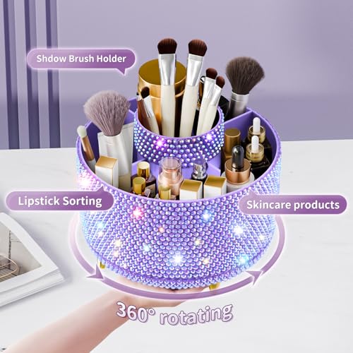 Bling 360¡Æ Rotate Makeup Brush Holder Organizer, Makeup Organizers Countertop, Makeup organization and Skincare Storage for Vanity, Gift for Women Girls (Bling dz-Purple)