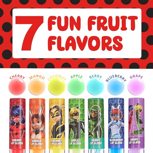 Miraculous 7pc Lip Gloss Set - Zag Heroez Lipgloss Collection Featuring Exciting Fruit Flavors & Precision Applicator Lip Gloss Tubes With Wand