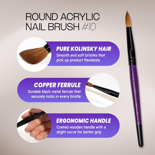 PANA Pure Kolinsky Hair Acrylic Nail Brush - Round Shape Black Ferrule with Purple Wood Handle (Size 10)
