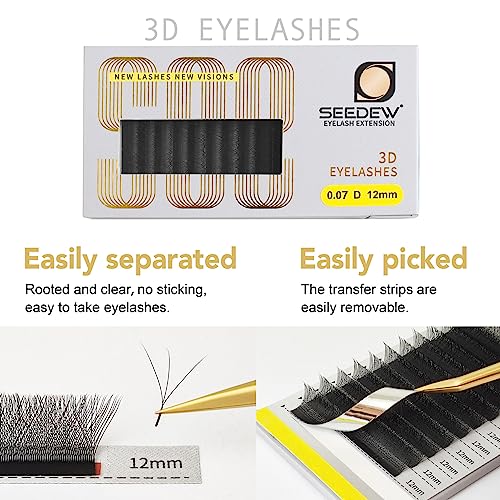 3D Lash Extensions, 0.10mm D Curl MIX8-15mm 12 Rows/Tray, W Shape Flat Stem, PBT Natural Eyelash Grafting for Beginner Artist, Lash Tech, Beauty Salon(3D-Matte Black-0.10-D-MIX8-15mm)