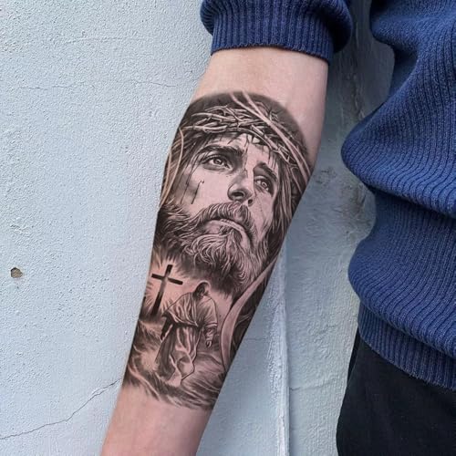 2 Sheets Temporary Tattoos Stickers Jesus Cross Religion Old School Designs For Men Waterproof Arm Leg Fake Body Art, Gym & Parties Bold Masculine Decals
