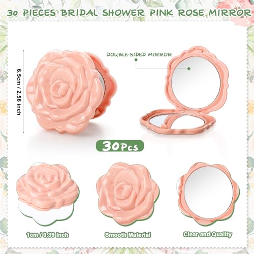 XunYee 30 Sets Rose Compact Mirror Bulk Bridal Shower Favors for Guests Souvenir Gifts Hair Ties Elastic Scrunchies, Thank You Card and Organza Bags for Wedding Valentines Quinceanera(Pink)