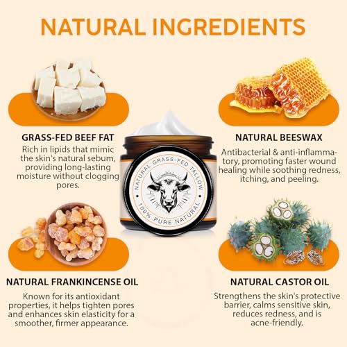 Grass-Fed Beef Tallow Cream with Frankincense and Castor Oil 2.1 fl.oz, Raw Honey for Skin Care,Face & Body Moisturizer for Skin,Sensitive Skin & Dry Skin Age Defying, Eczema All-Purpose Balm