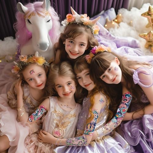 Unicorn Temporary Tattoo for Kids 35pcs Realistic Fake Tattoos, Full Half Arm Sleeve Glitter Tattoo Kit, Waterproof Birthday Party Supplies, Makeup Gifts for Girls Kids (24 Sheets)