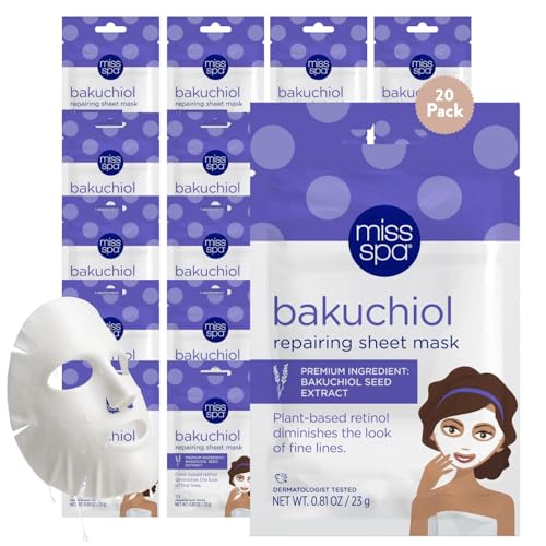 MISS SPA Bakuchiol Repairing Sheet Mask Plant-Based Retinol Face Mask for Fine Lines & Wrinkles Anti-Aging, Hydrating & Brightening Sheet Mask for All Skin Types, Cruelty-Free, 20 Pack