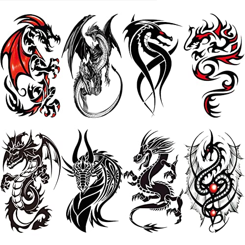 Dragon Temporary Tattoo For Men Adult, Realistic Large Tribal Dragon Fake Tattoo Men, Waterproof Long Lasting Big Temp Tatoo Sticker Boy Teen Chest Half Arm Body Art Makeup, 8-Sheet (Dragon)