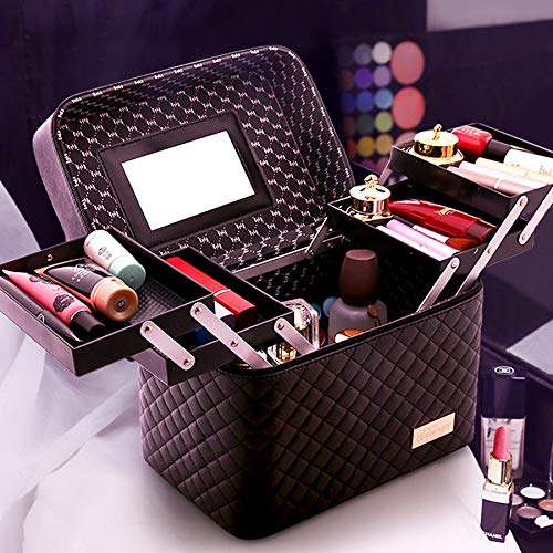 Sooyee Makeup Bag Cosmetic Bags with Mirror, Makeup Organizer 4 Layer Foldable Tray Open to The Sides,Makeup Travel Bag for Women,Makeup Box Train Case,Black