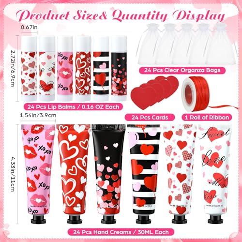 Loopeer 24 Sets Valentine Bulk Gifts Hand Cream and Lip Balm Bulk Set with Organza Bag Red Love Heart Card Galentine Gifts for Valentine Party Favors Stuffers Woman Men Teacher Staff Nurse Coworker