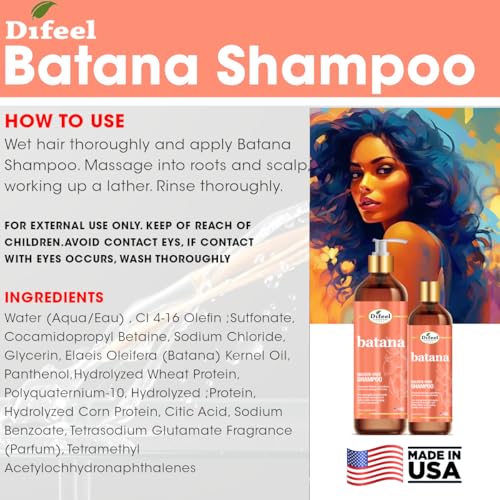 Difeel Batana Shampoo 12 Ounces - Strengthening Sulfate Free Shampoo for Thicker, Smoother and more Manageable Hair