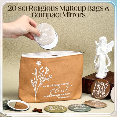Reginary 20 Set Christian Gifts for Women Bulk 20 Religious Canvas Makeup Bags 20 Bible Verse Compact Mirrors Inspirational Church Holy Week for Easter Mother's Day(Neutral Colors,Aesthetic Style)