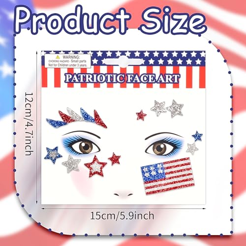 American Flag Stars Glitter Face Tattoo Jewelry, Independence Day Celebration Face Gems with Red Blue Flag Designs, Sparkle Glitter in Parades, Parties & More 2PCS (Style 3)