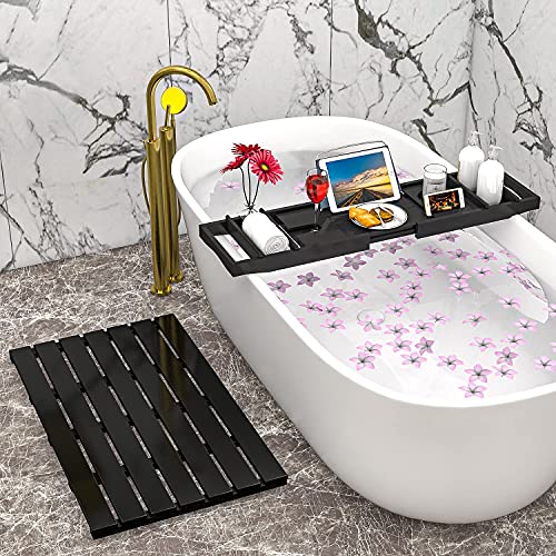 Domax Bathtub Caddy Tray Expandable Bamboo Tub Tray for Luxury Bath with Book Holder and Free Soap Dish Black