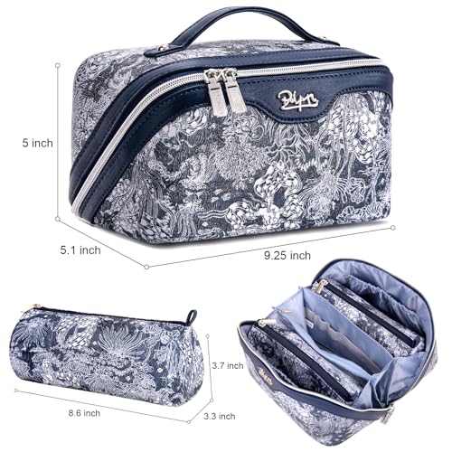 BOYATU Travel Makeup Bag for Women: Large Capacity Make up Bag with Compartments - Vegan Leather Cosmetic Bag set of 3 - Waterproof Toiletry Bag with Handle & Divider(E-3-Blue)
