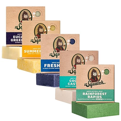Dr. Squatch Natural Men¡¯s Bar Soap - Cold Process Body Soap Bar with Natural Oils - Gifts for Men - Summer Citrus, Coconut Castaway, Fresh Falls, Eucalyptus Greek Yogurt & more (5 oz, 5-Pack)