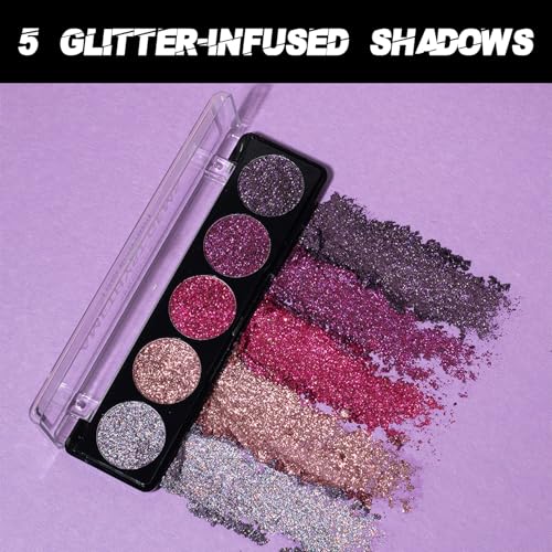Profusion Cosmetics Amethyst Gems 5 Shades Glitter Eyeshadow Palette ? Multi-Color Sparkle with Built-In Primer, Richly Pigmented & Blendable, Vegan & Cruelty-Free Makeup (Amethyst Gems)