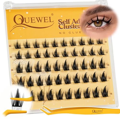 QUEWEL Self Adhesive Lash Clusters Kit, Pre Glued Eyelashes Clusters, 10-16MM Strong Hold Self Adhesive Eyelashes,D Curl Press On Lashes No Glue Needed DIY Lash Extensions Kit at Home(MJ10)
