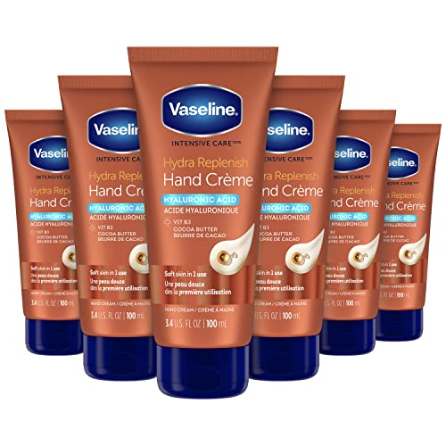 Vaseline Intensive Care Hand Cr?me Moisturizer for Dry Hands Hydra Replenish Made with hyaluronic acid, vitamin B3, and cocoa butter 3.4 oz 6 Count