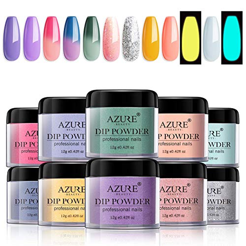 AZUREBEAUTY 10 Colors Dip Powder Starter Kit Fluorescent and Changing Dipping Powder System Essential Kit with 5pcs Dip Powder Gel Liquid Set, including Bond,Activator,Base,Top,Brush Saver 0.5oz