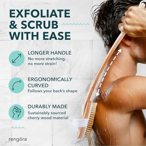 Back Scrubber for Shower - 20" Long Handle Shower Brush - Natural Bristle Back Brush ? Ergonomic Handle + Silicone Anti-Slip Grip - Great Gift Idea - Men, Women + Seniors Love This (Firm Bristles)