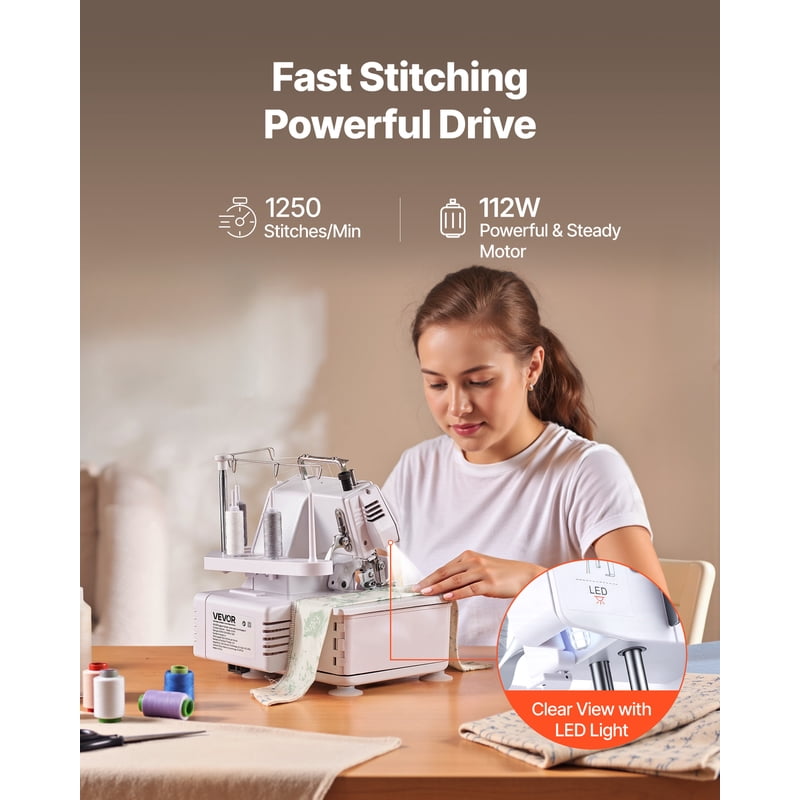 Serger Overlock Sewing Machine 1250 Stitches/Min 3/4 Thread Heavy-Duty