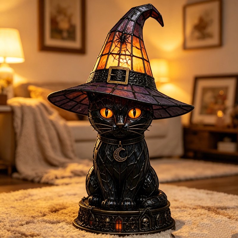 Halloween Witch Cat Lamp 3D Resin Night Light Gothic Decor for Home & Party