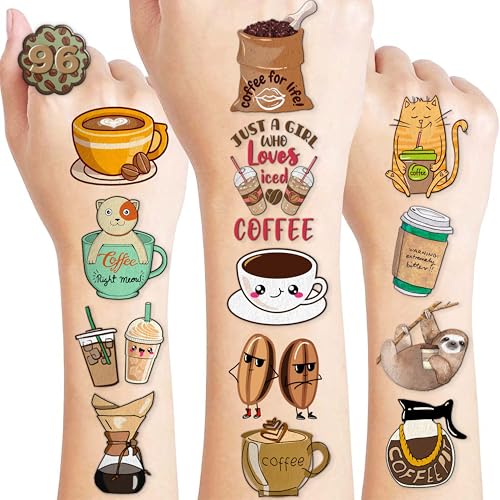 96 PCS Funny Iced Coffee Temporary Tattoos Cup Mug Cups Quotes Themed Birthday Party Decorations Supplies Favors Decor Cute Stickers Tattoo Gifts for Kids Girls Boys School Rewards Carnival