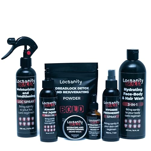 Locsanity BOLD Men¡¯s Bundle ? 7-in-1 Premium Grooming Set: Loc Spray, 3-in-1 Body Wash, Hygiene Spray, Men¡¯s Body Oil, Beard Oil, Dreadlock Powder, Almond & Jojoba Oil | Dreads & Locs Moisturizer