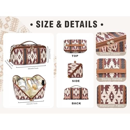 Boho Western Makeup Bag for Women Aztec Waterproof Travel Cosmetic Organizer Spacious PU Leather Toiletry Bag with Tribal Print for Everyday Use and Weekend Trips