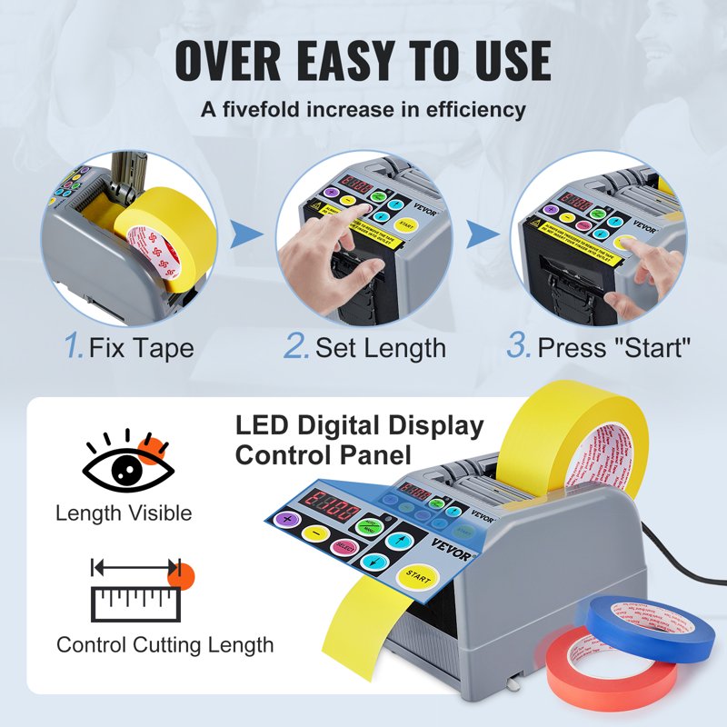 Electric Tape Dispenser Automatic & Manual Dual Mode, 6 Preset Lengths, Cuts Two Tapes Up to 60mm Wide