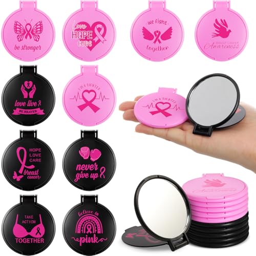 Yexiya 100 Pcs Breast Cancer Awareness Gift Bulk Breast Cancer Round Mini Folding Makeup Mirror with Pink Ribbon Pocket Travel Mirror for Women Friends(Pink, White and Black,Inspirational)