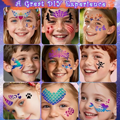 Water Activated Face Paint Professional Kit, Water Based Face Painting kit for kids, 42 Color Non-Toxic Face Paint Palette with Tattoo Stencils, Gems, Brushes for Parties, Carnival, Festivals