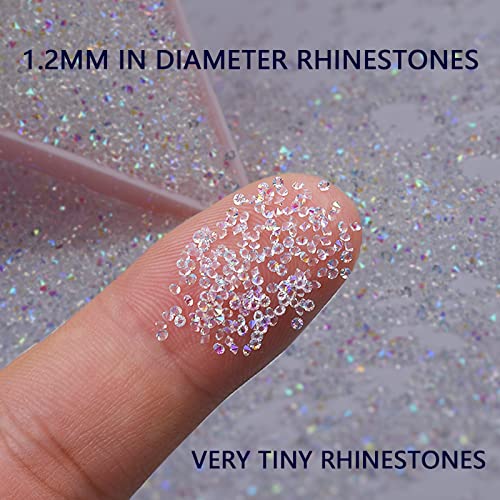 8000Pcs Mini 1.2mm Nail Rhinestones Sand Nail Diamonds Micro Pixie Crystals for Nails+Champagne Gold Nail Rhinestones Gems Stones Jewels Multi Round Shape for Nail Art Crafts with Wax Pen HINABTRU