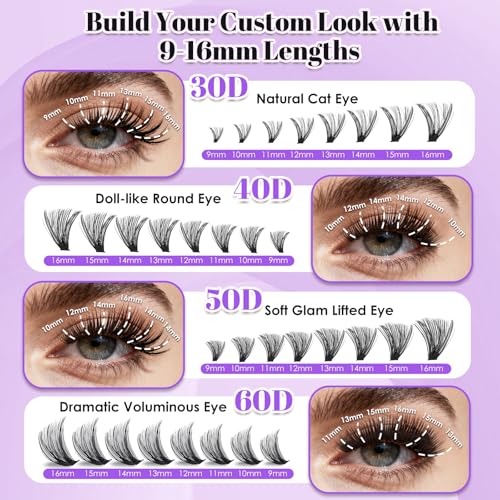 Lash Clusters Kit 640pcs 30D 40D 50D 60D D Curl 9-16mm Individual Lashes Fluffy Wispy Lightweight Thin Band DIY Eyelash Extensions with Bond and Seal + Tweezers for Beginners At Home Natural Full Look
